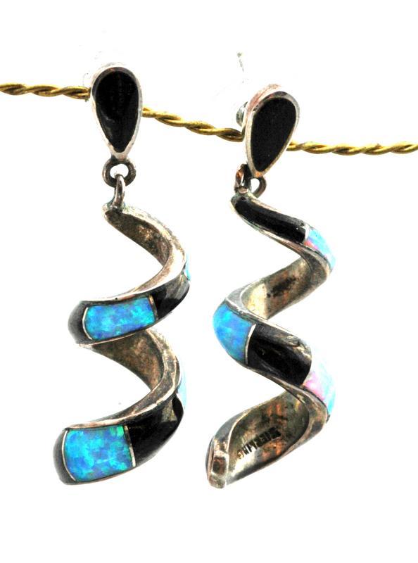 Sterling Silver Opal and Onyx Spiral Earrings