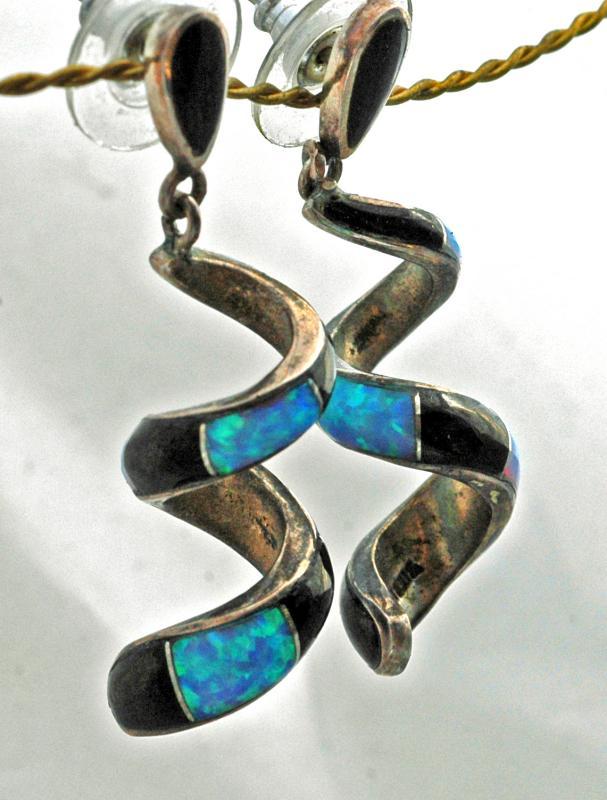 Sterling Silver Opal and Onyx Spiral Earrings