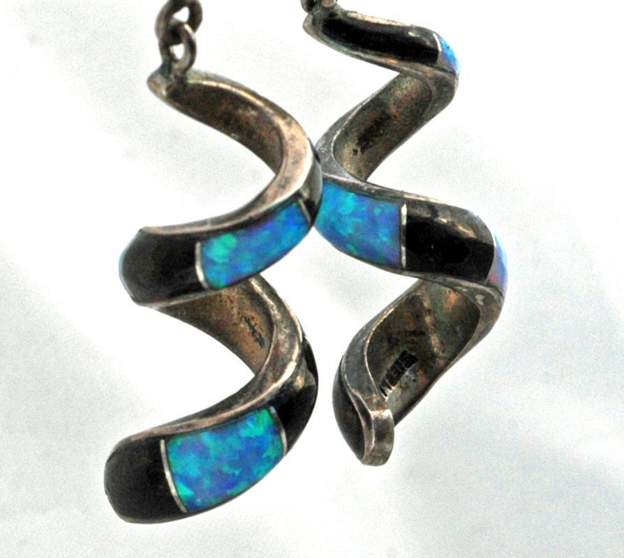 Sterling Silver Opal and Onyx Spiral Earrings