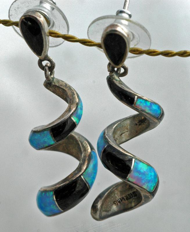 Sterling Silver Opal and Onyx Spiral Earrings