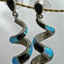 Sterling Silver Opal and Onyx Spiral Earrings