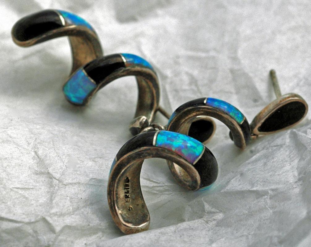 Sterling Silver Opal and Onyx Spiral Earrings