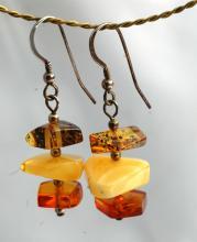 Stacked Amber Nugget & Sterling Silver Earrings/ Yellow, Cognac, Green Amber Chunks