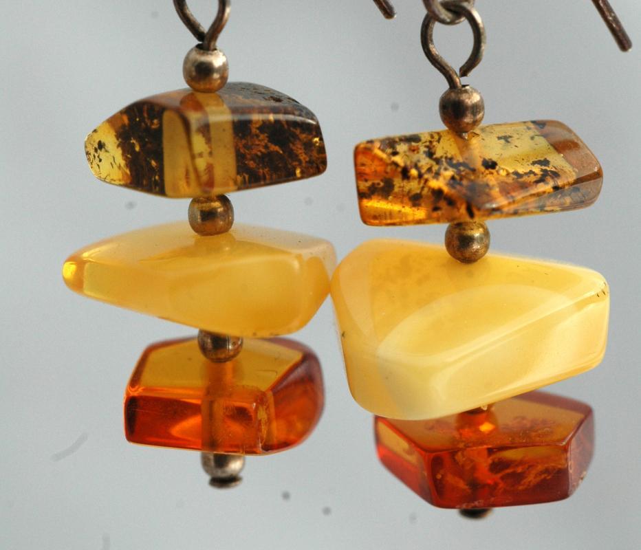 Stacked Amber Nugget & Sterling Silver Earrings/ Yellow, Cognac, Green Amber Chunks