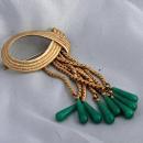 Looped Rope Tassel Brooch Gold with Green Glass Tear Drop Dangles