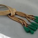 Looped Rope Tassel Brooch Gold with Green Glass Tear Drop Dangles