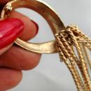 Looped Rope Tassel Brooch Gold with Green Glass Tear Drop Dangles