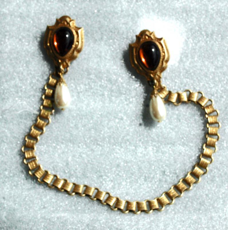 Dual Sweater Pins Amber Glass Shield Pearl Drop with Ornate Chain Links
