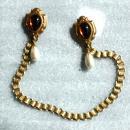 Dual Sweater Pins Amber Glass Shield Pearl Drop with Ornate Chain Links