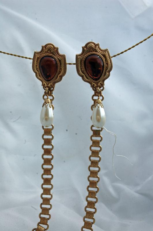 Dual Sweater Pins Amber Glass Shield Pearl Drop with Ornate Chain Links