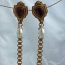 Dual Sweater Pins Amber Glass Shield Pearl Drop with Ornate Chain Links