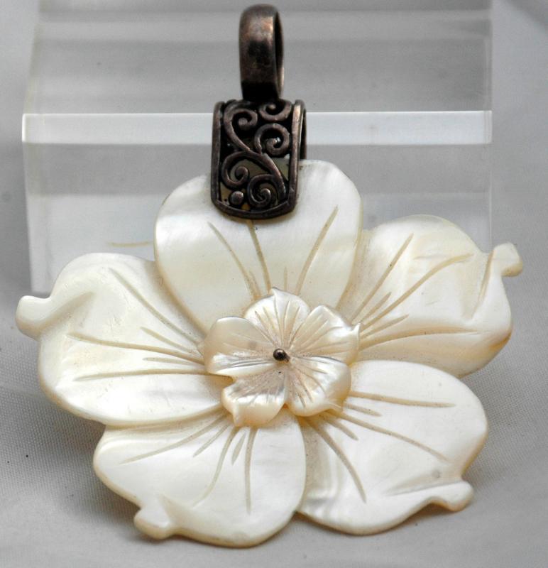 Sterling Silver Large Mother of Pearl Carved Flower Pendant