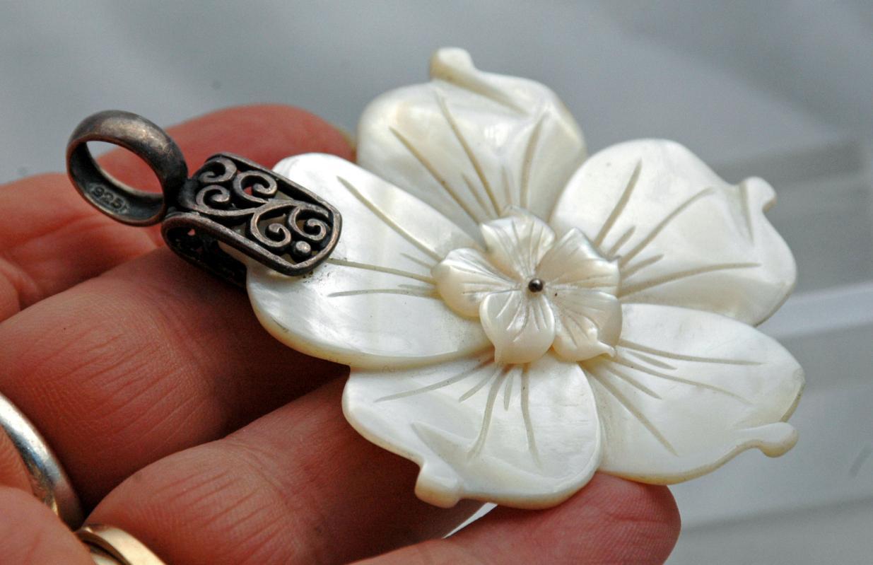 Sterling Silver Large Mother of Pearl Carved Flower Pendant