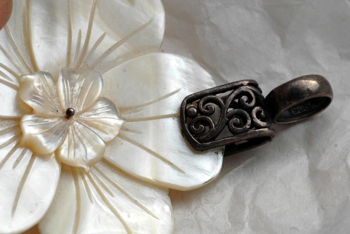 Sterling Silver Large Mother of Pearl Carved Flower Pendant