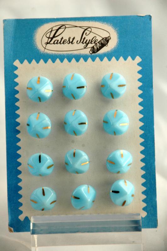 Antique Czech Glass Buttons on Card Art Deco Fancy Baby Blue with swirls and gold Latest Style Brand