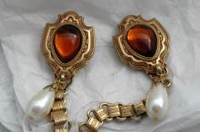 Dual Sweater Pins Amber Glass Shield Pearl Drop with Ornate Chain Links