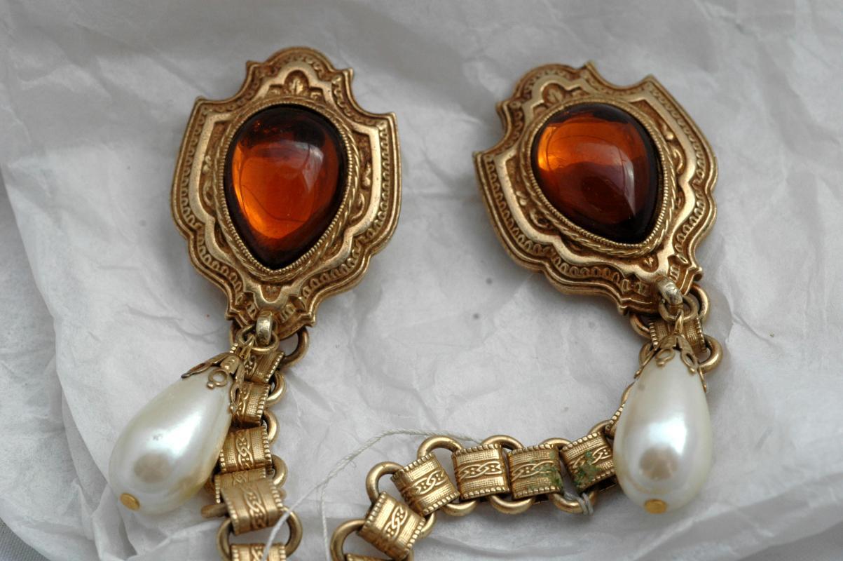 Dual Sweater Pins Amber Glass Shield Pearl Drop with Ornate Chain Links