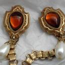 Dual Sweater Pins Amber Glass Shield Pearl Drop with Ornate Chain Links