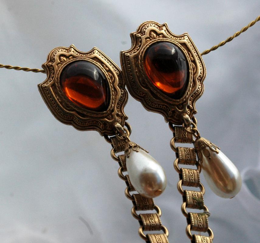 Dual Sweater Pins Amber Glass Shield Pearl Drop with Ornate Chain Links