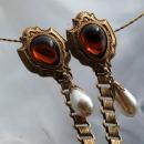 Dual Sweater Pins Amber Glass Shield Pearl Drop with Ornate Chain Links
