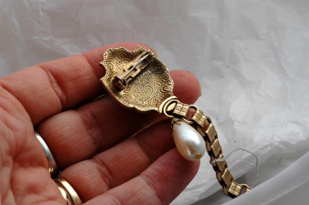 Dual Sweater Pins Amber Glass Shield Pearl Drop with Ornate Chain Links