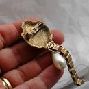 Dual Sweater Pins Amber Glass Shield Pearl Drop with Ornate Chain Links