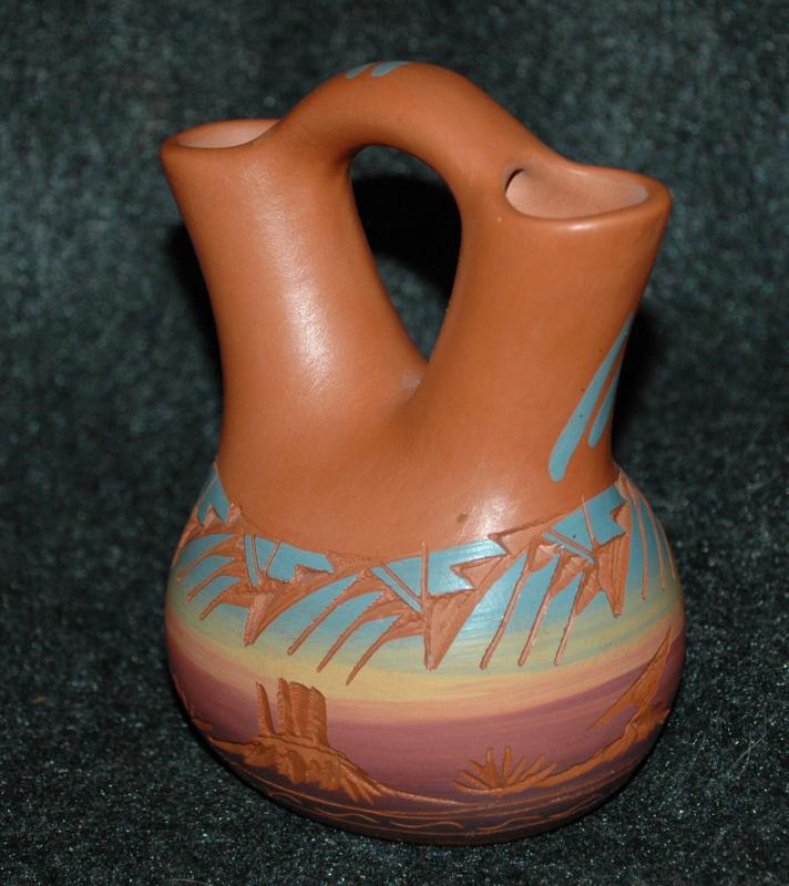 Signed Navajo Wedding Vase Etched Pottery