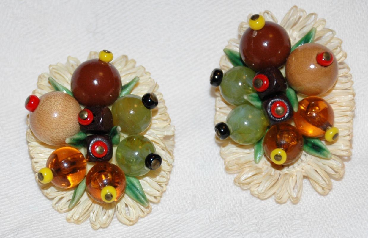Fruit Salad Straw and Glass Clip on Earrings, West Germany Vintage