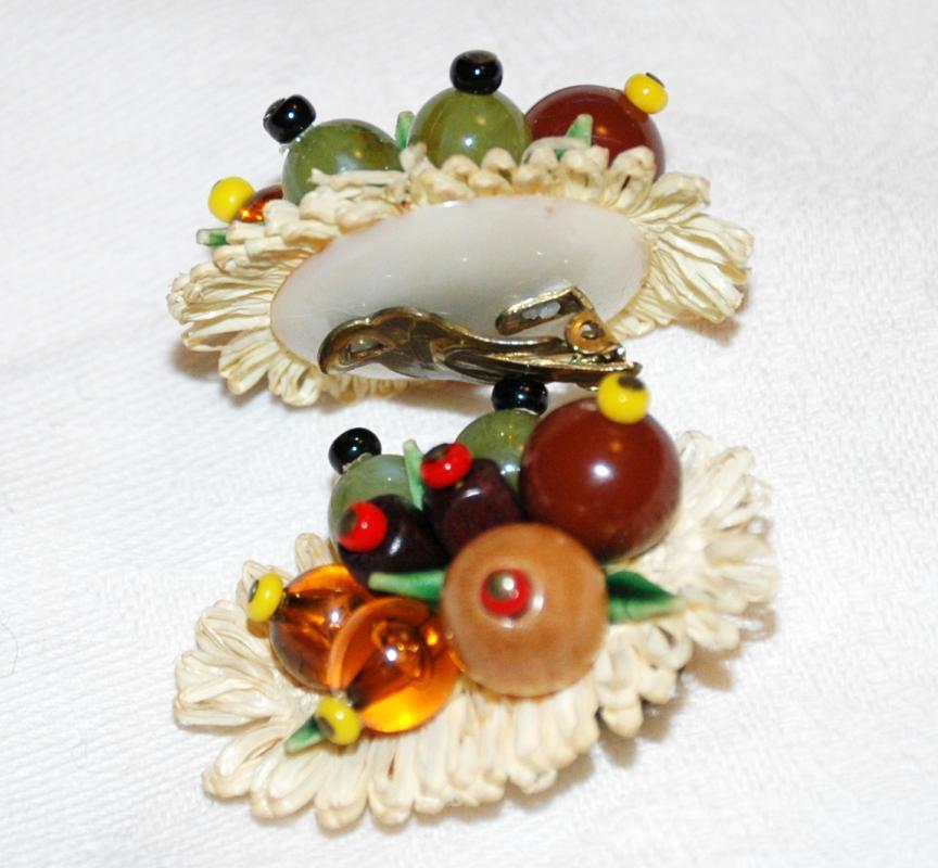 Fruit Salad Straw and Glass Clip on Earrings, West Germany Vintage