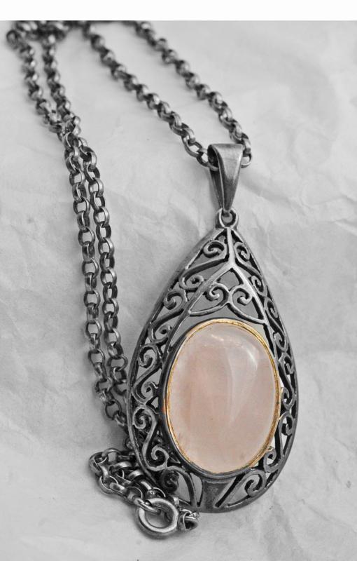 Rose Quartz Sterling Silver Tear Drop Pendant Necklace on Sterling Chain - long and large