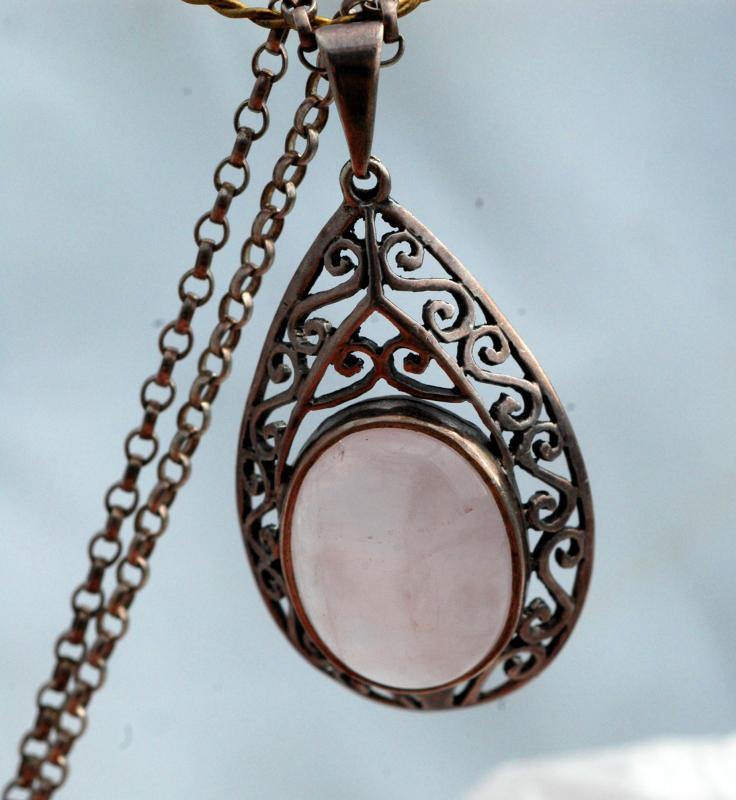 Rose Quartz Sterling Silver Tear Drop Pendant Necklace on Sterling Chain - long and large