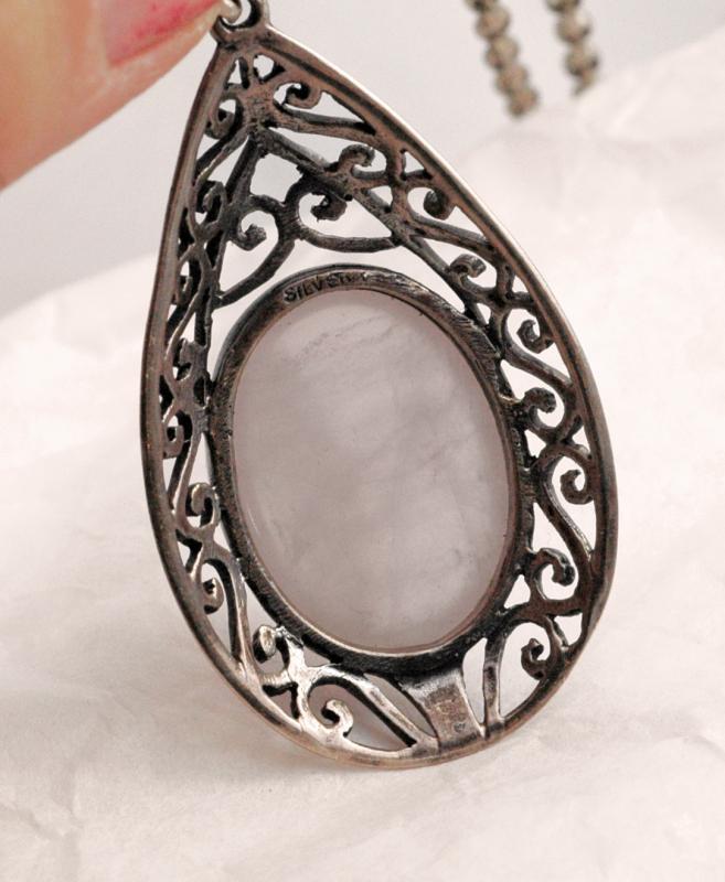 Rose Quartz Sterling Silver Tear Drop Pendant Necklace on Sterling Chain - long and large