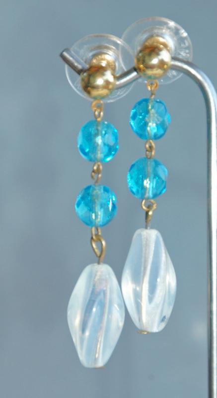 Moonstone Twist Czech & Aqua Blue Crystal Glass Bead Dangle Earrings Hand Crafted One of Kind
