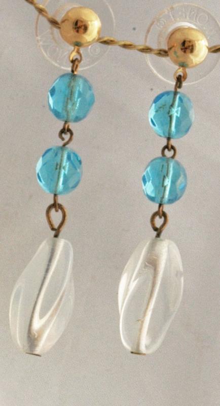 Moonstone Twist Czech & Aqua Blue Crystal Glass Bead Dangle Earrings Hand Crafted One of Kind