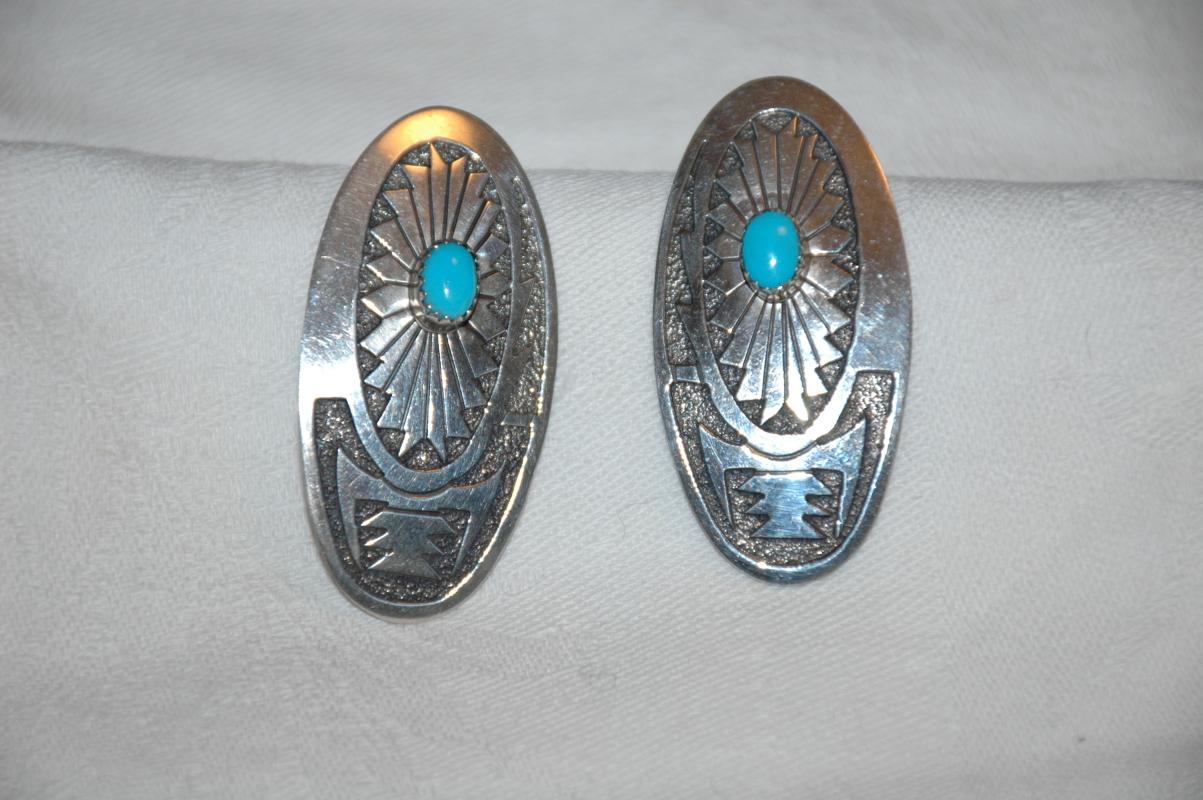 S.W. Native American Sterling Silver Sterling Turquoise Earrings / Very large, hand crafted and signed A Y