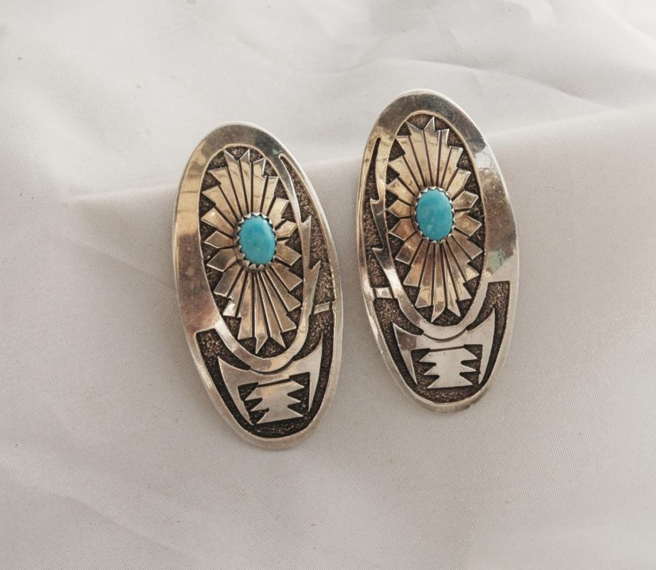 S.W. Native American Sterling Silver Sterling Turquoise Earrings / Very large, hand crafted and signed A Y