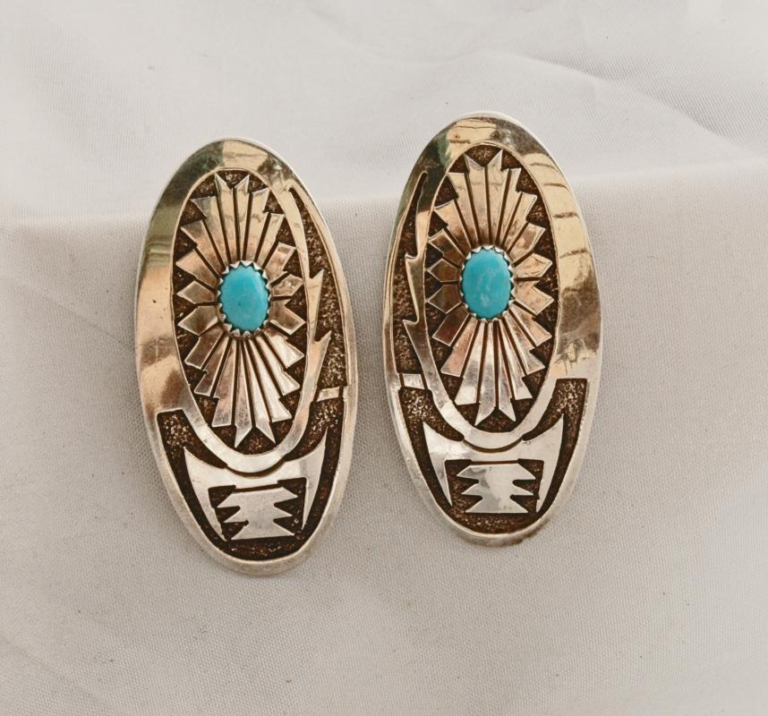 S.W. Native American Sterling Silver Sterling Turquoise Earrings / Very large, hand crafted and signed A Y