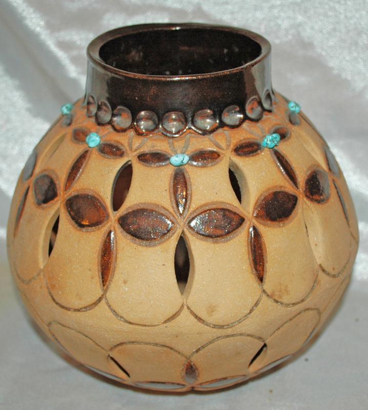 Large South Western Art Pottery Bowl with cut out and genuine Turquoise Stones