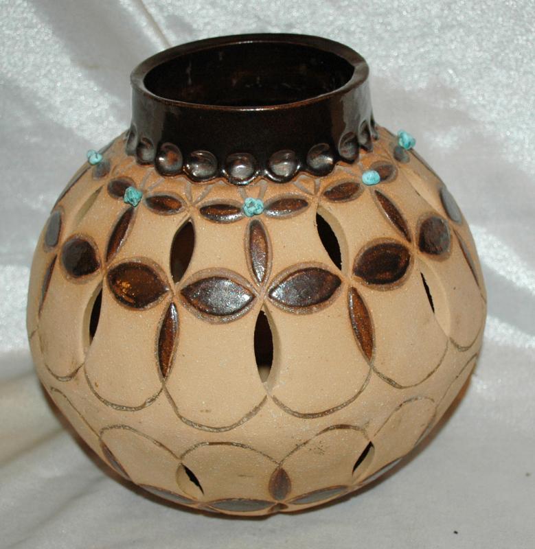 Large South Western Art Pottery Bowl with cut out and genuine Turquoise Stones