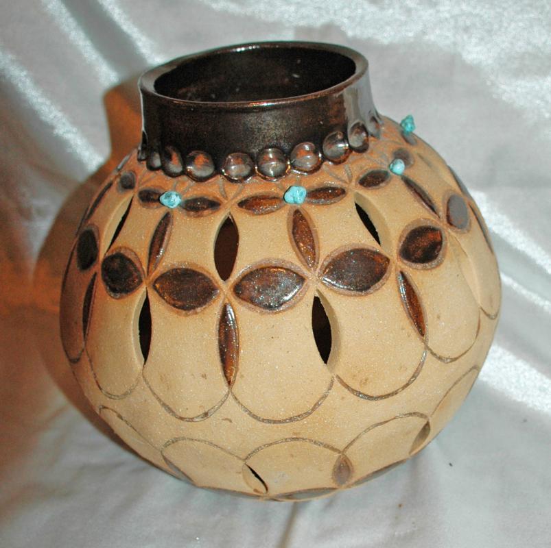 Large South Western Art Pottery Bowl with cut out and genuine Turquoise Stones