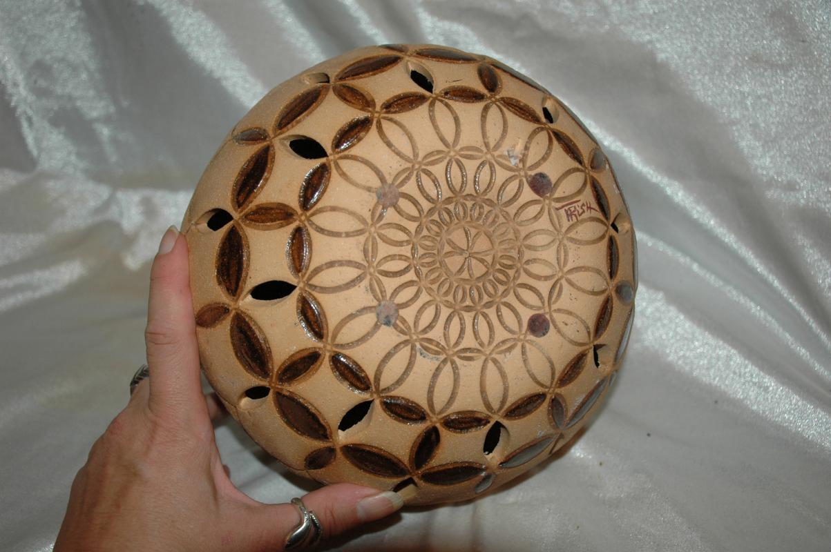 Large South Western Art Pottery Bowl with cut out and genuine Turquoise Stones