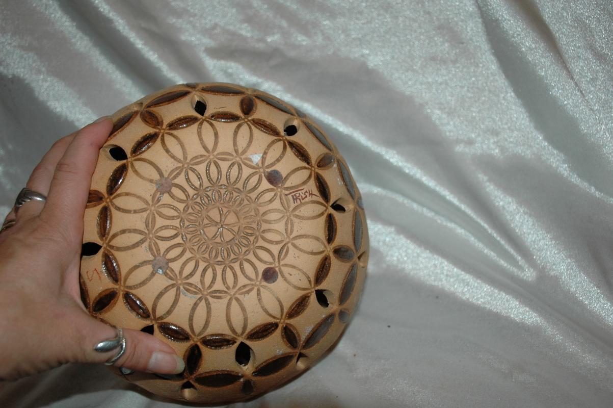 Large South Western Art Pottery Bowl with cut out and genuine Turquoise Stones