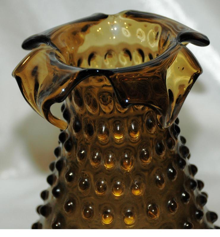 Blown Glass Hobnail Folded Ruffle Vase / Dark Green Olive Amber Empoli Italian vase