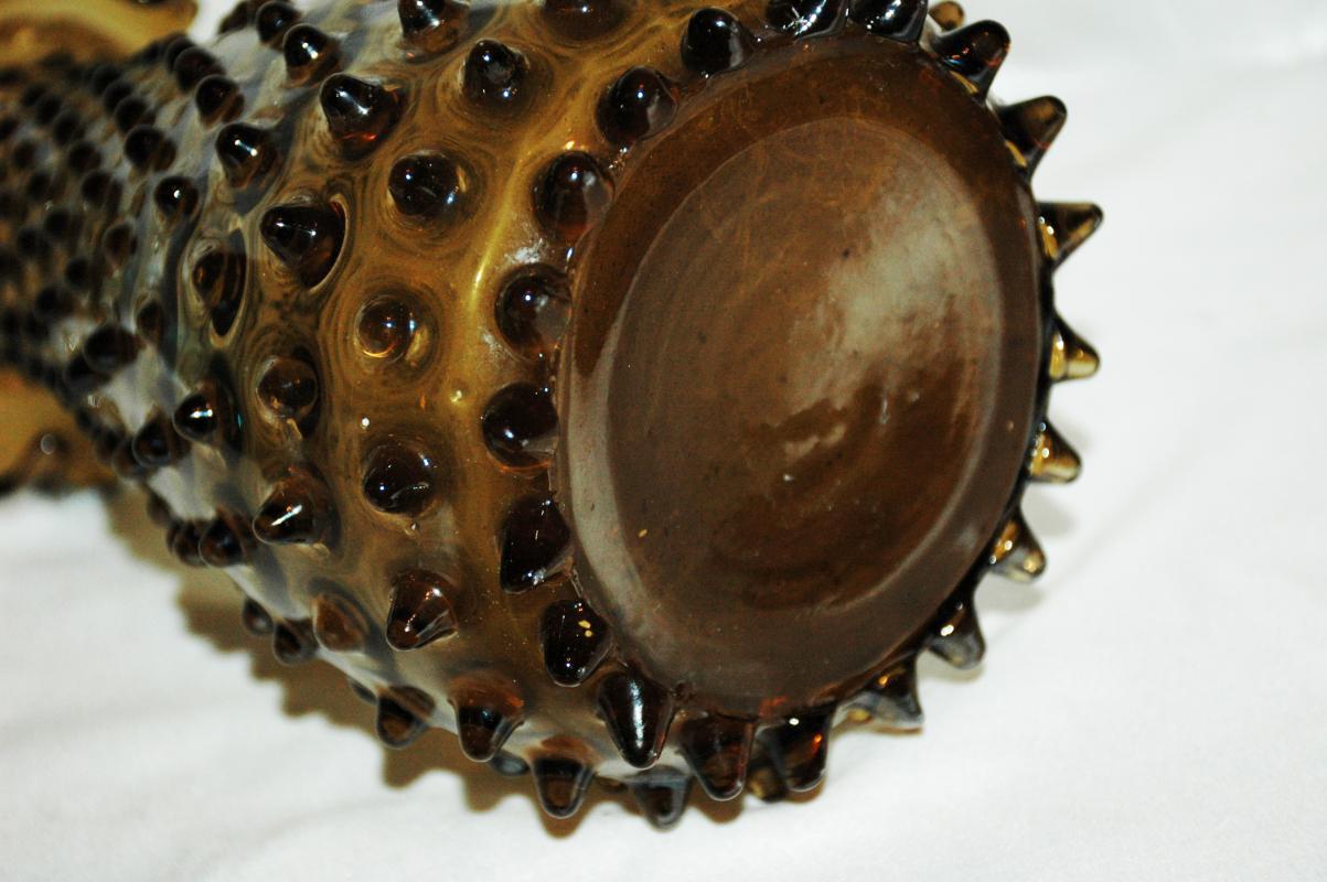 Blown Glass Hobnail Folded Ruffle Vase / Dark Green Olive Amber Empoli Italian vase