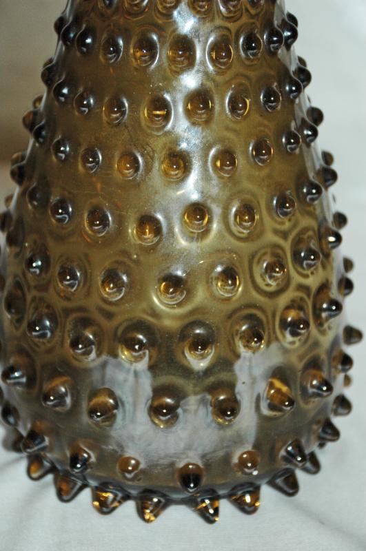Blown Glass Hobnail Folded Ruffle Vase / Dark Green Olive Amber Empoli Italian vase