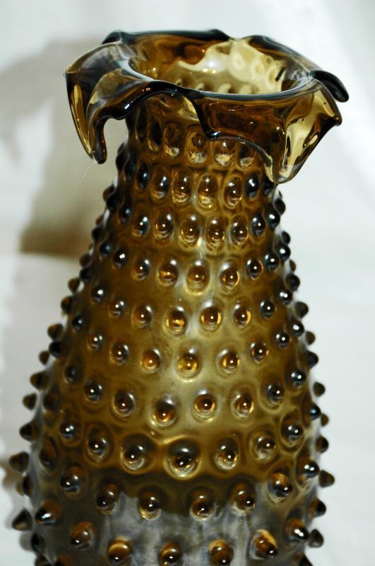 Blown Glass Hobnail Folded Ruffle Vase / Dark Green Olive Amber Empoli Italian vase