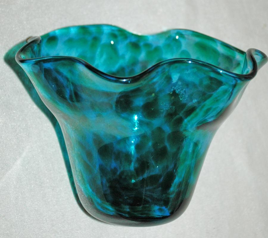 Hand Blown Art Glass Ruffle or Mini Floppy Bowl Blue Green/ Artist Signed -