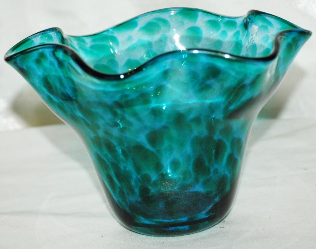 Hand Blown Art Glass Ruffle or Mini Floppy Bowl Blue Green/ Artist Signed -
