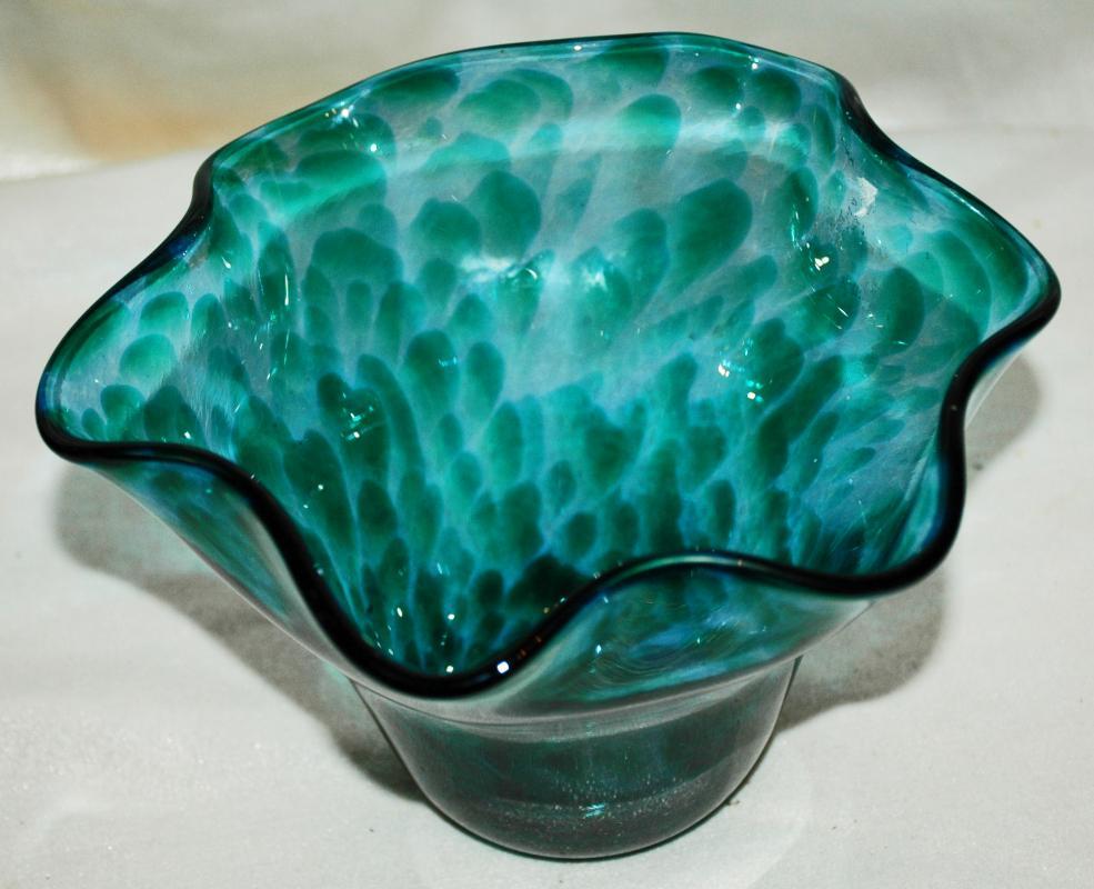 Hand Blown Art Glass Ruffle or Mini Floppy Bowl Blue Green/ Artist Signed -
