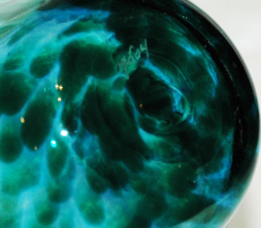 Hand Blown Art Glass Ruffle or Mini Floppy Bowl Blue Green/ Artist Signed -